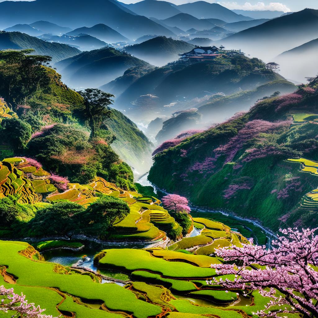  A watercolor masterpiece with the best quality, 8k resolution and high detailed. A serene landscape of Linkou, Taiwan, featuring vibrant green hills, a winding river, a quaint bridge, blooming cherry blossom trees, and a small wooden boat gently floating on the water. hyperrealistic, full body, detailed clothing, highly detailed, cinematic lighting, stunningly beautiful, intricate, sharp focus, f/1. 8, 85mm, (centered image composition), (professionally color graded), ((bright soft diffused light)), volumetric fog, trending on instagram, trending on tumblr, HDR 4K, 8K