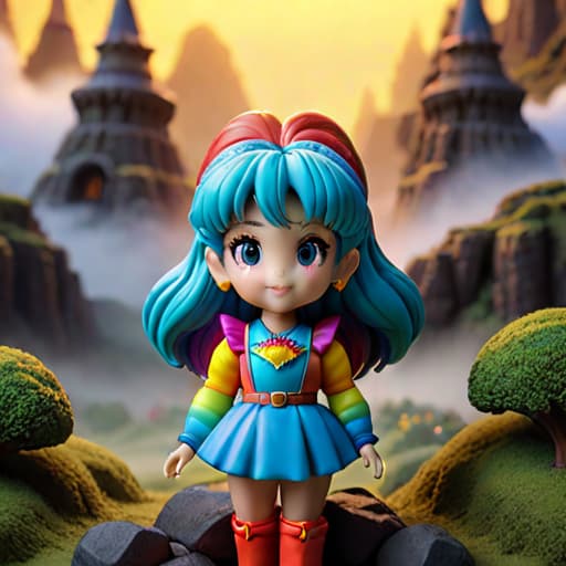  highly detailed clay model of Rainbow Brite diorama hyperrealistic, full body, detailed clothing, highly detailed, cinematic lighting, stunningly beautiful, intricate, sharp focus, f/1. 8, 85mm, (centered image composition), (professionally color graded), ((bright soft diffused light)), volumetric fog, trending on instagram, trending on tumblr, HDR 4K, 8K