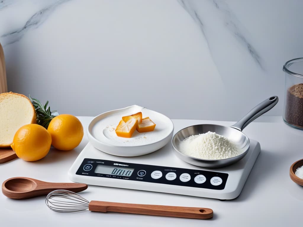  An ultradetailed image of a pristine white marble countertop with an array of sleek, modern baking tools laid out meticulously. The tools include a digital kitchen scale, a set of stainless steel measuring spoons, a highquality silicone spatula, a wire whisk, and an elegant wooden rolling pin. The tools are arranged in a visually appealing manner, with soft, natural light casting gentle shadows, highlighting the craftsmanship of each item. hyperrealistic, full body, detailed clothing, highly detailed, cinematic lighting, stunningly beautiful, intricate, sharp focus, f/1. 8, 85mm, (centered image composition), (professionally color graded), ((bright soft diffused light)), volumetric fog, trending on instagram, trending on tumblr, HDR 4K, 8K