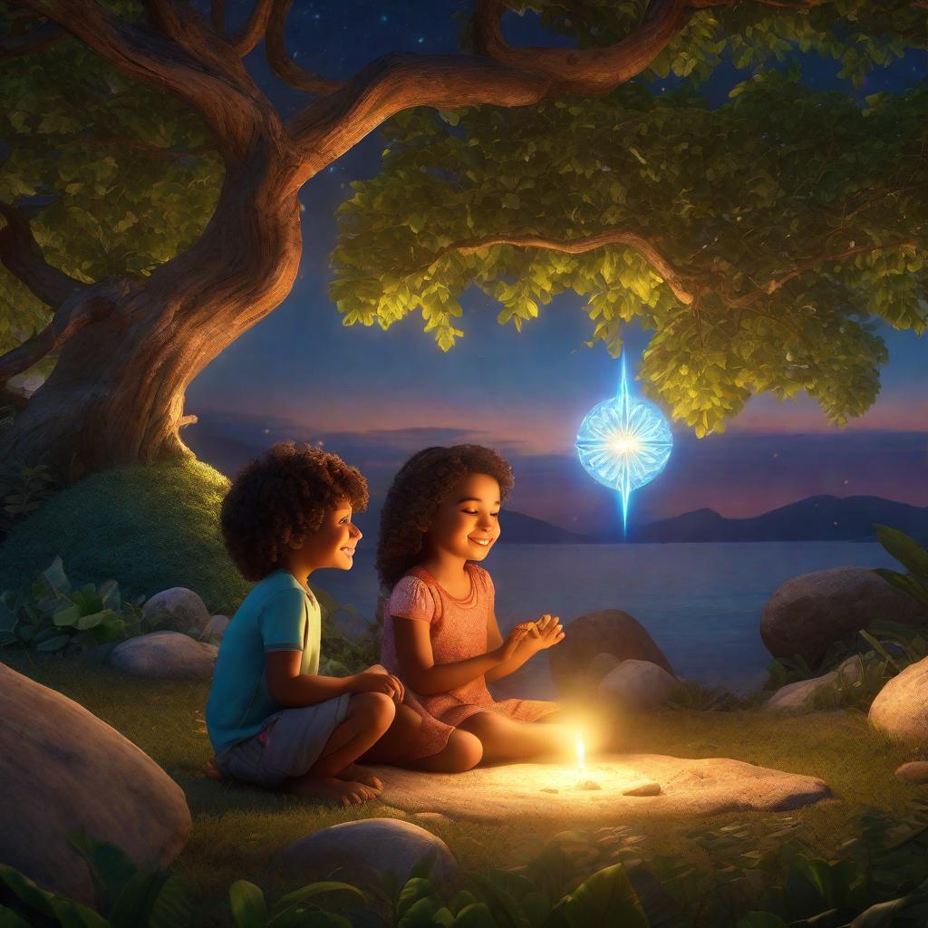  "A child and their mother on a magical island, prepared to make a wish while holding a radiant, glowing stone they found. They both look at each other with joy in their eyes, seeming to confront a problem before using the stone."((masterpiece)), best quality, very detailed, high resolution, sharp, sharp image, extremely detailed, 4k, 8k, fairytale hyperrealistic, full body, detailed clothing, highly detailed, cinematic lighting, stunningly beautiful, intricate, sharp focus, f/1. 8, 85mm, (centered image composition), (professionally color graded), ((bright soft diffused light)), volumetric fog, trending on instagram, trending on tumblr, HDR 4K, 8K