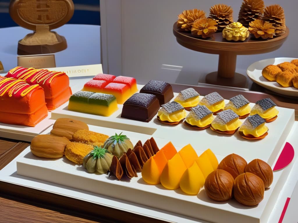  An intricately designed dessert table showcasing a fusion of cultural sweets from around the world, with delicate French pastries, vibrant Indian sweets, traditional Japanese wagashi, and colorful Mexican conchas beautifully arranged on elegant platters. The table is set against a backdrop of diverse cultural symbols and artifacts, creating a visually stunning representation of fusion desserts with rich historical roots. hyperrealistic, full body, detailed clothing, highly detailed, cinematic lighting, stunningly beautiful, intricate, sharp focus, f/1. 8, 85mm, (centered image composition), (professionally color graded), ((bright soft diffused light)), volumetric fog, trending on instagram, trending on tumblr, HDR 4K, 8K