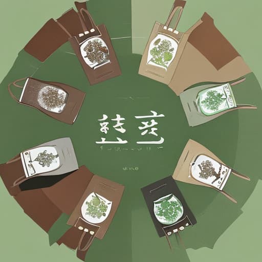  A set of design materials for "drinking tea and leisurely relaxing in Rad early autumn", featuring illustrations, calligraphy font with green tones, coffee bags, paper bag, billhead, logo, label, packaging box labels, prints on and accessories, Chinese style characters. The theme is about drinking tea and enjoying the relaxation of scenery at an ancient city sQuare in Longmen Grottoes during late fall, Emphasize green colors to create a fresh atmosphere. - -ar 3:4 --V 5.2 -，