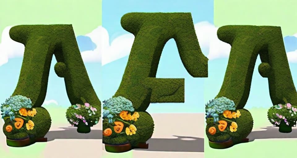  pixar style , a topiary in the style of a capital, (((uppercase letter A))), with flowers and butterflies, (((in a garden setting with trees and sky)))