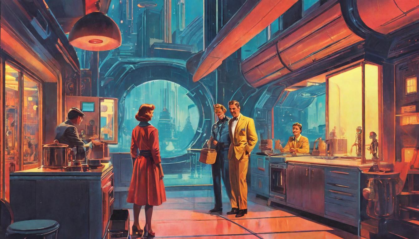  retro futuristic person helping a neighbor, heartfelt smiles, warmth and connection, elevated vibrational state lvintage sci fi, 50s and 60s style, atomic age, vibrant, highly detailed