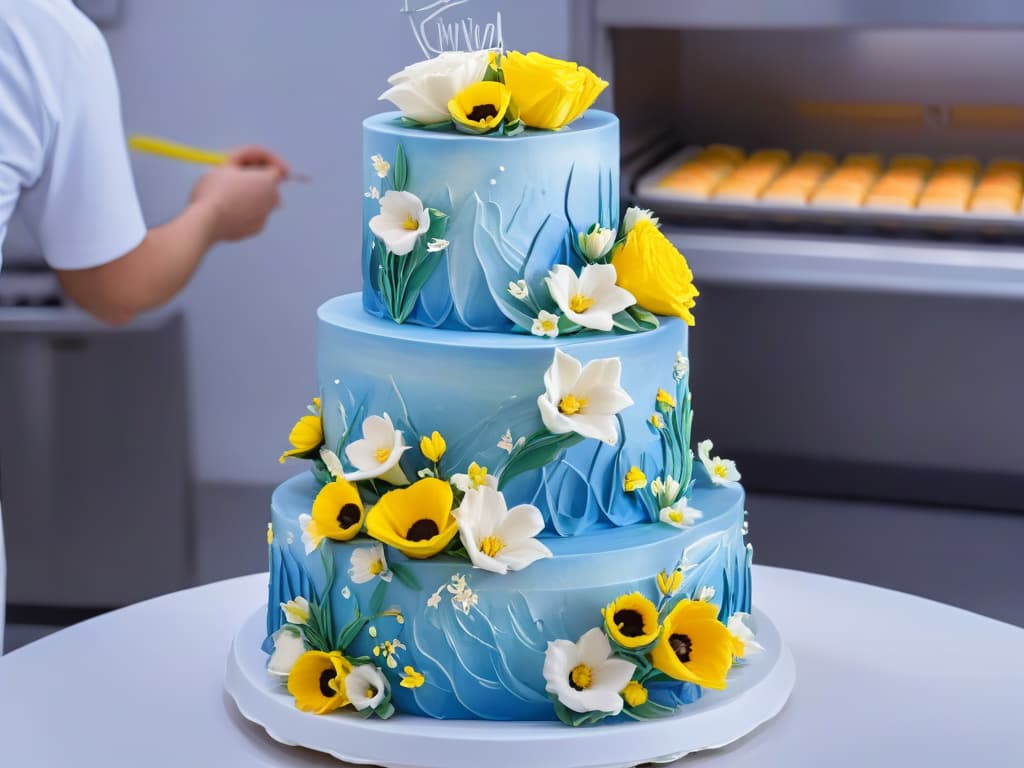  A beautifully detailed photorealistic image of a skilled pastry chef delicately piping intricate floral designs onto a multitiered wedding cake. The chef's hands are steady and precise, showcasing the artistry and craftsmanship involved in creating a stunning pastry masterpiece. The background features a pristine bakery kitchen filled with an array of colorful ingredients and tools, adding to the overall professional and inspirational tone of the article. hyperrealistic, full body, detailed clothing, highly detailed, cinematic lighting, stunningly beautiful, intricate, sharp focus, f/1. 8, 85mm, (centered image composition), (professionally color graded), ((bright soft diffused light)), volumetric fog, trending on instagram, trending on tumblr, HDR 4K, 8K