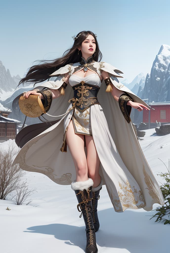  arafed image of a woman in a dress and boots walking in the snow, ross tran and artgerm, ornate long flowing hair, with warship parts, detail shot, female ascending into the sky, chinese costume, 2b nier automata, inspired by Federico Barocci, oil on canvas 4k, style of raymond swanland, summer morning light , ADVERTISING PHOTO,high quality, good proportion, masterpiece , The image is captured with an 8k camera and edited using the latest digital tools to produce a flawless final result.