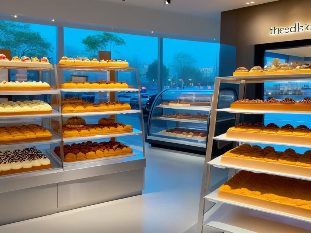  An ultradetailed 8K image of a sleek, modern bakery storefront with large glass windows showcasing an array of beautifully decorated themebased cakes and pastries. The display features intricate designs of colorful icing depicting artinspired motifs like paint palettes, brushes, and canvas textures. The overall aesthetic is clean and minimalist, with soft, warm lighting highlighting the exquisite details of the confectionery creations. This visually striking image perfectly captures the essence of thematic pastry merchandising in a professional and inspiring manner. hyperrealistic, full body, detailed clothing, highly detailed, cinematic lighting, stunningly beautiful, intricate, sharp focus, f/1. 8, 85mm, (centered image composition), (professionally color graded), ((bright soft diffused light)), volumetric fog, trending on instagram, trending on tumblr, HDR 4K, 8K