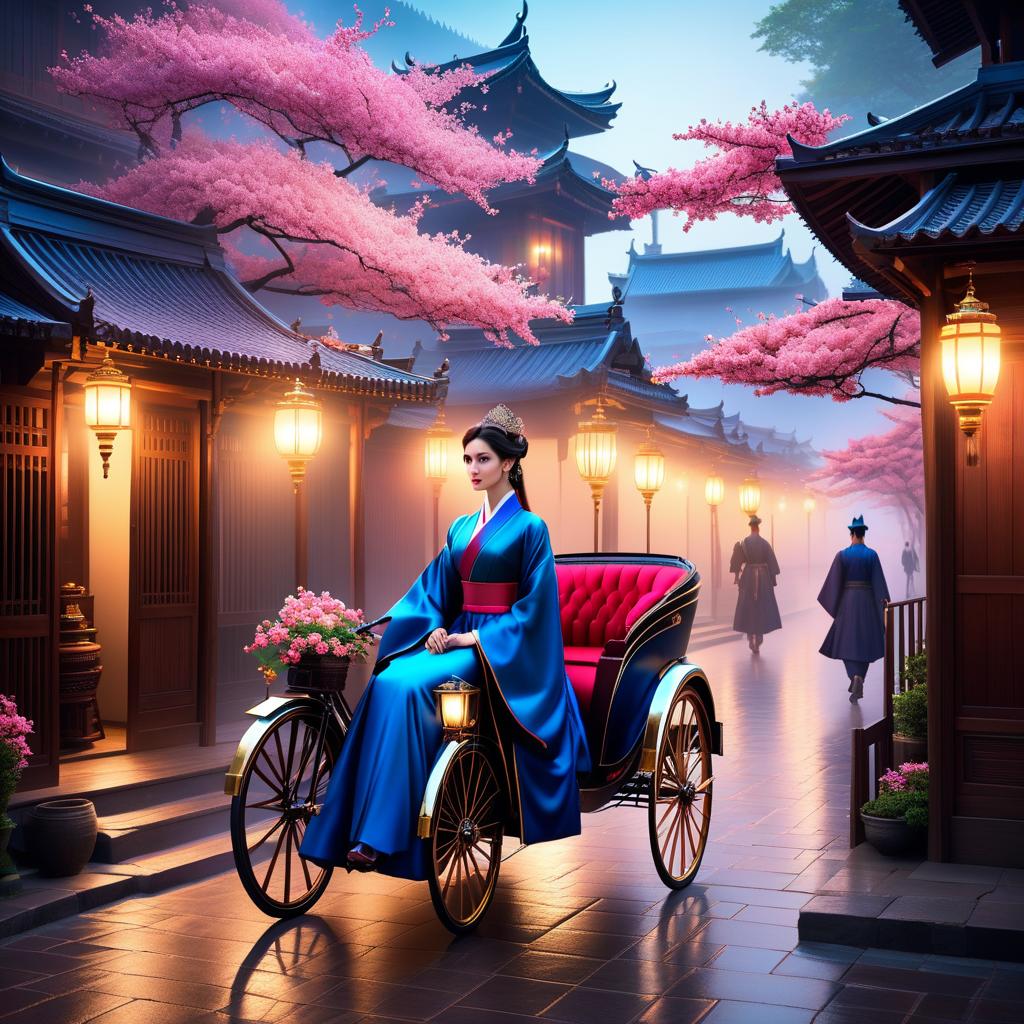  ethereal fantasy concept art of RIKSHA (Japanese jinrikisya) a light two wheeled carriage in which a person is pulled (also called a rickshaw). (Background): blossoming pink sakura, an empty rickshaw stands on the pavement. (Rickshaw design) A tent upholstered in dark blue silk. There is a sofa upholstered in red velvet and a painted wooden footstool. . magnificent, celestial, ethereal, painterly, epic, majestic, magical, fantasy art, cover art, dreamy hyperrealistic, full body, detailed clothing, highly detailed, cinematic lighting, stunningly beautiful, intricate, sharp focus, f/1. 8, 85mm, (centered image composition), (professionally color graded), ((bright soft diffused light)), volumetric fog, trending on instagram, trending on tumblr, HDR 4K, 8K