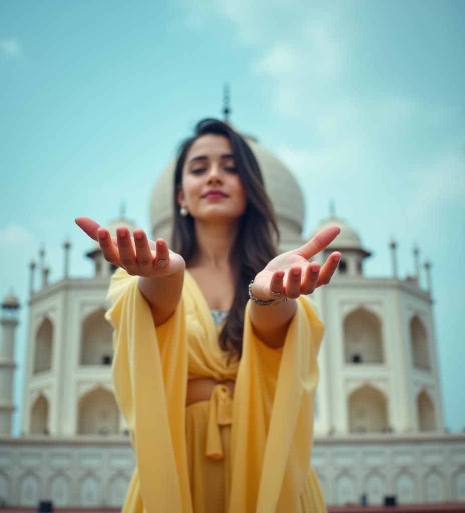  good quality, high quality, an indian woman wearing a light yellow, long sleeved outfit poses gracefully against taj mahal with dusky clouds background. her hands are extended towards the camera, creating a dynamic and immersive perspective. the focus is on the woman, with a slight blur on her hands to enhance depth. the lighting is natural, casting soft shadows and enhancing the serene, airy mood. the composition features a low angle shot that emphasizes her movement and expression, conveying a sense of freedom and elegance. the dominant color scheme is various shades of blue, blending harmoniously with the sky.