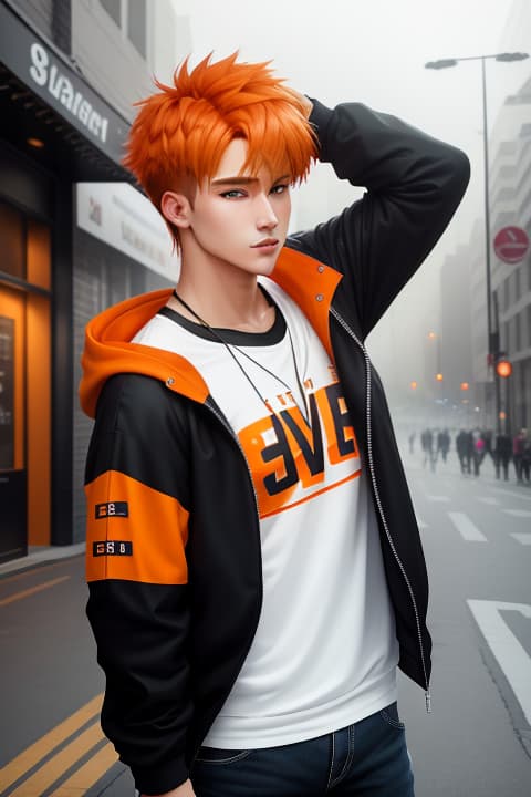  cute, orange hair, orange eyes, orange hoodie, young, handsome, trendy, stylish, boyish, charming, , in-frame, cheerful, athletic, confident, vint, upbeat, energetic, charismatic, fashionable, photorealism , high contrast,, 1, , detailed eyes, hyperrealistic, full body, highly detailed, cinematic lighting, intricate, sharp focus, f/1. 8, 85mm, (centered image composition), (professionally color graded), ((bright soft diffused light)), volumetric fog, trending on instagram, HDR 4K, 8K