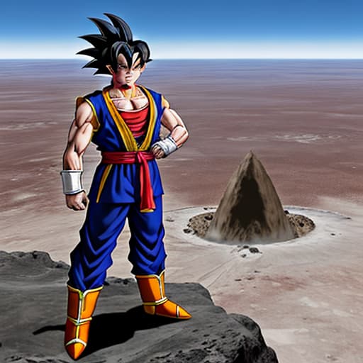  Saiyan standing in the crater, next to a dragon.