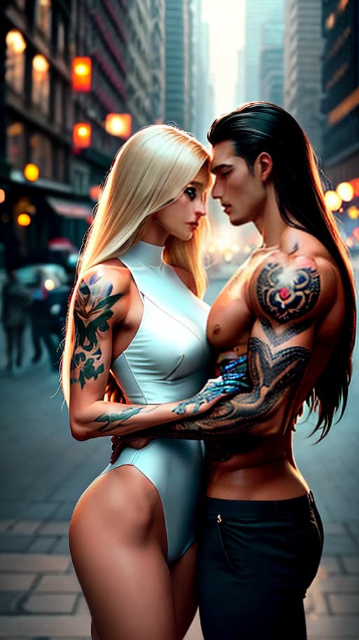  A muscular, tattooed brunette man and a delicate, slender blonde woman with long hair, a romantic couple in the city, love, realistically. A muscular, tattooed brunette man and a delicate, slender blonde woman with long hair, a romantic couple in the city, love, realistically. hyperrealistic, full body, detailed clothing, highly detailed, cinematic lighting, stunningly beautiful, intricate, sharp focus, f/1. 8, 85mm, (centered image composition), (professionally color graded), ((bright soft diffused light)), volumetric fog, trending on instagram, trending on tumblr, HDR 4K, 8K