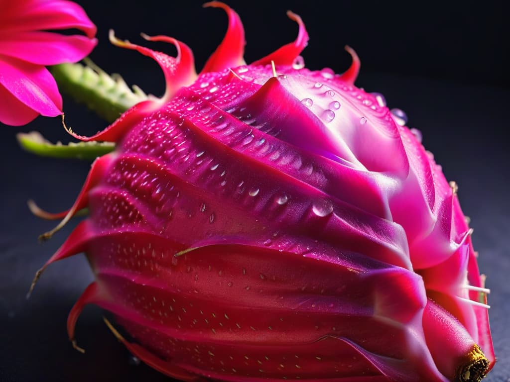  An ultradetailed closeup photograph of a vibrant pitahaya fruit sliced open to reveal its fuchsia pink flesh dotted with tiny black seeds, showcasing the intricate patterns and textures of the flesh. The image is captured under soft, natural lighting, highlighting the juiciness and freshness of the fruit, with droplets of moisture glistening on the surface, conveying a sense of freshness and exotic allure. hyperrealistic, full body, detailed clothing, highly detailed, cinematic lighting, stunningly beautiful, intricate, sharp focus, f/1. 8, 85mm, (centered image composition), (professionally color graded), ((bright soft diffused light)), volumetric fog, trending on instagram, trending on tumblr, HDR 4K, 8K