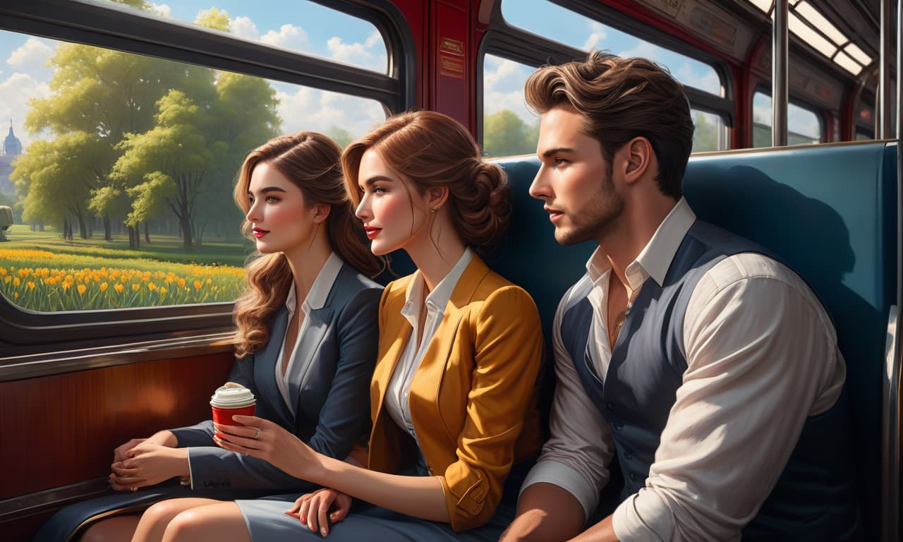  masterpiece of oil painting, fine brush, Two students in love are sitting in a train compartment a guy and a girl are talking to each other. Outside the window there are spring fields in the suburbs of a big city, a sunny spring day, high detail, high quality image, anthropomorphic, comic, color illustration style hyperrealistic, full body, detailed clothing, highly detailed, cinematic lighting, stunningly beautiful, intricate, sharp focus, f/1. 8, 85mm, (centered image composition), (professionally color graded), ((bright soft diffused light)), volumetric fog, trending on instagram, trending on tumblr, HDR 4K, 8K