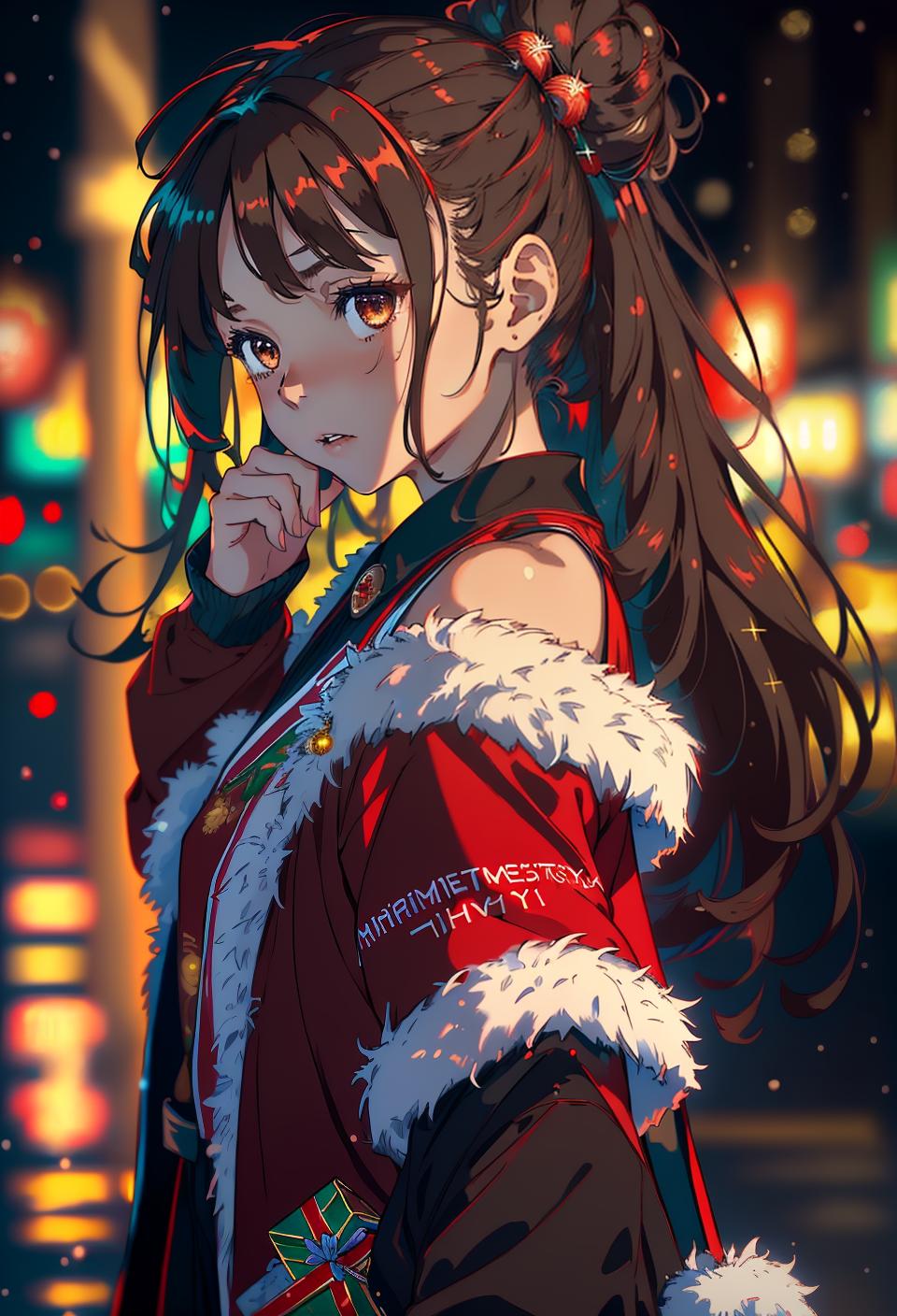 ((trending, highres, masterpiece, cinematic shot)), 1girl, young, female Christmas outfit, fireworks scene, medium-length wavy brown hair, hair in a bun, narrow grey eyes, evil personality, relaxed expression, red skin, orderly, lucky