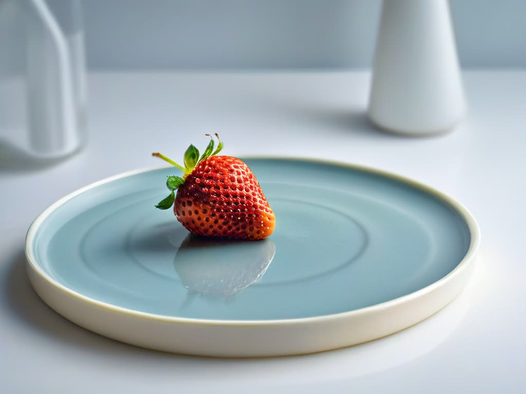  A closeup, ultradetailed image of a single ripe, vibrant strawberry resting on a pristine white porcelain plate, showcasing every tiny seed and droplet of water on its surface in crystalclear resolution. hyperrealistic, full body, detailed clothing, highly detailed, cinematic lighting, stunningly beautiful, intricate, sharp focus, f/1. 8, 85mm, (centered image composition), (professionally color graded), ((bright soft diffused light)), volumetric fog, trending on instagram, trending on tumblr, HDR 4K, 8K