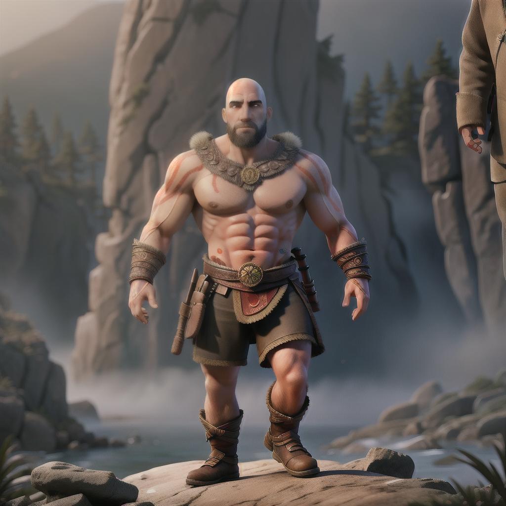  God of war hyperrealistic, full body, detailed clothing, highly detailed, cinematic lighting, stunningly beautiful, intricate, sharp focus, f/1. 8, 85mm, (centered image composition), (professionally color graded), ((bright soft diffused light)), volumetric fog, trending on instagram, trending on tumblr, HDR 4K, 8K