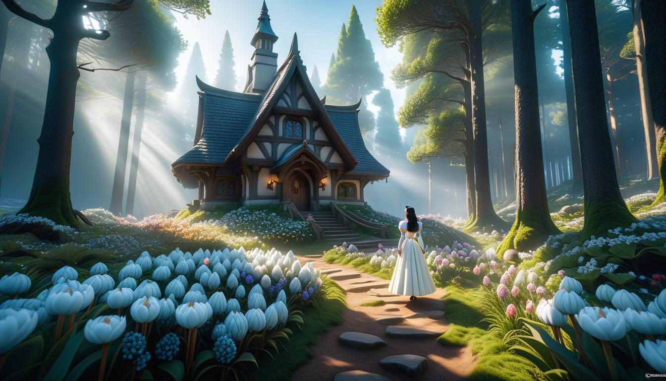  dreamscape Snow White, dwarven house, forest, fable, sunny day, flowers . surreal, ethereal, dreamy, mysterious, fantasy, highly detailed hyperrealistic, full body, detailed clothing, highly detailed, cinematic lighting, stunningly beautiful, intricate, sharp focus, f/1. 8, 85mm, (centered image composition), (professionally color graded), ((bright soft diffused light)), volumetric fog, trending on instagram, trending on tumblr, HDR 4K, 8K