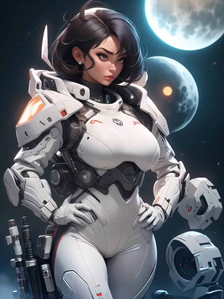  nijistyle, cowboy shot of giant lady in white bodysuit, short black hair, hands on hips, ruined city, helicopter in sky, night, particles, fog, moon, science fiction hyperrealistic, full body, detailed clothing, highly detailed, cinematic lighting, stunningly beautiful, intricate, sharp focus, f/1. 8, 85mm, (centered image composition), (professionally color graded), ((bright soft diffused light)), volumetric fog, trending on instagram, trending on tumblr, HDR 4K, 8K