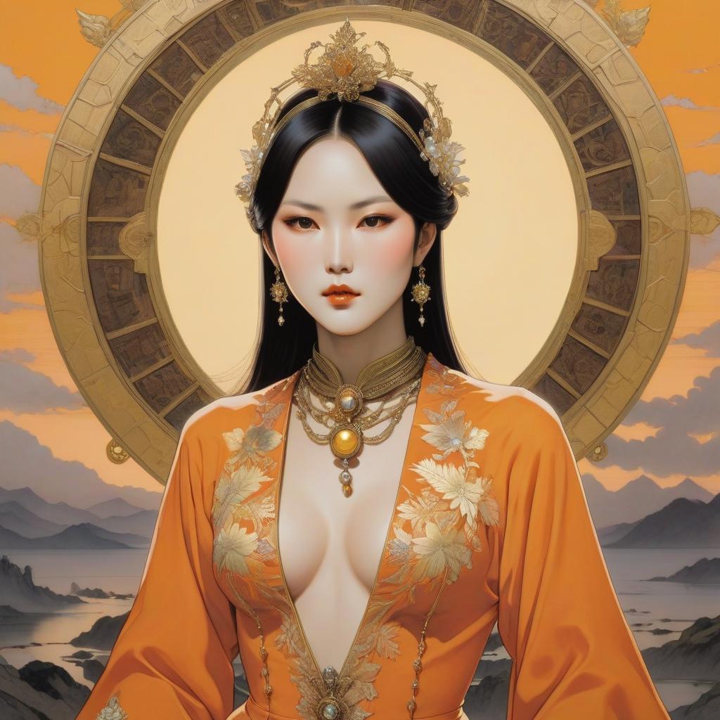  surrealist art A cartoon in an orange costume with gold jewelry, in the style of miho hirano, light yellow and dark brown, close up, traditional costumes, like simplicity, comic art, tondo . dreamlike, mysterious, , symbolic, intricate, detailed hyperrealistic, full body, detailed clothing, highly detailed, cinematic lighting, stunningly beautiful, intricate, sharp focus, f/1. 8, 85mm, (centered image composition), (professionally color graded), ((bright soft diffused light)), volumetric fog, trending on instagram, trending on tumblr, HDR 4K, 8K