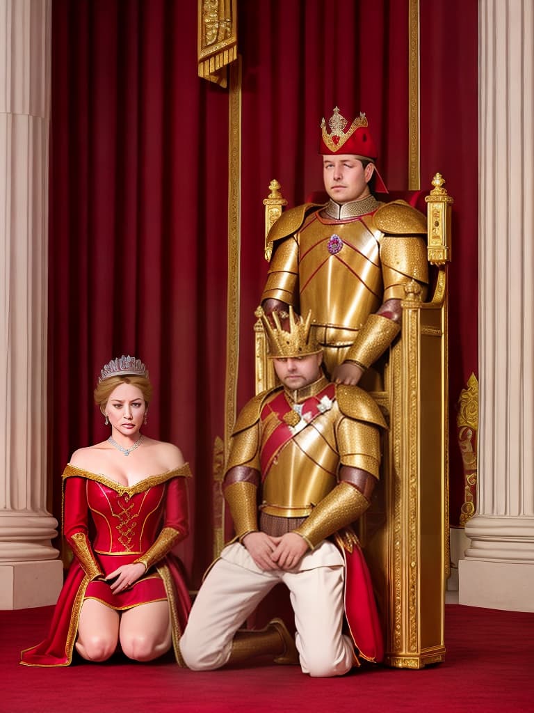  a royal minister kneel downly, like knight, sitting on the ground of a luxurious royal courtroom, holding gold coin. minister wearing red luxurious royal dress . american white human face required.