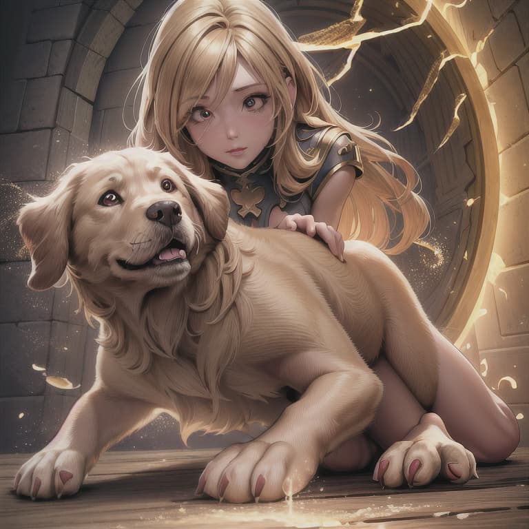  (8K, high resolution), (masterpiece, best quality:1.2), highres, perfect anatomy,vault on ing dog human on dog blond hair red ,light particles, soft lighting, volumetric lighting, intricate details, finely detailed