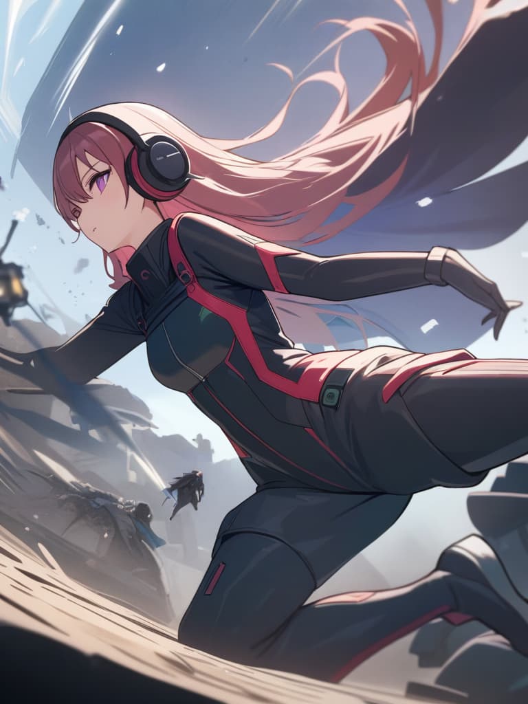  Highest quality, highest image quality, masterpieces, games, s ((mechanic suit: 1.3, , s and , mechanic suit: 1.3)), , , cute, bad bust, large ligament , Beautifully shining purple eyes, greatly ing , long hair, slender, large valley, warrior movement, sharp claws, headphones, black and bright wings (poses to legs, fighting poses: 1.2), during shooting, scattering, full sprinting sensation), high quality, beautiful art, background ((space battlefield)), depth (earth), table top, depth of field, movie style, masterpiece, best quality,8k,ultra detailed,high resolution,an extremely delicate and beautiful,hyper detail