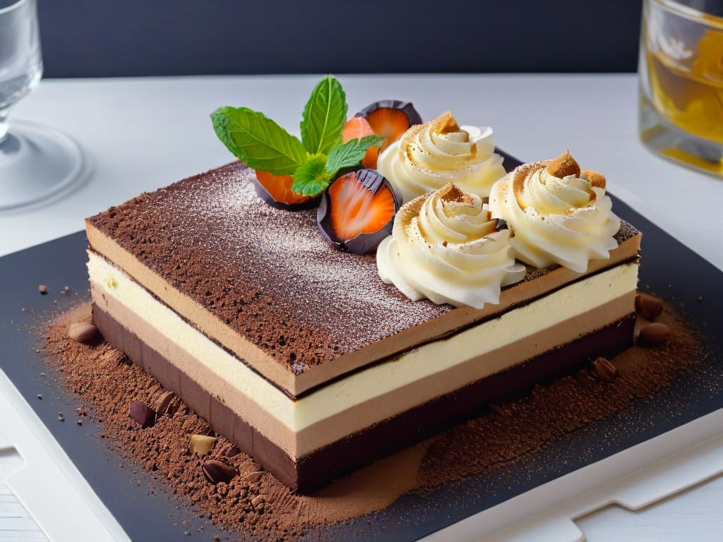  An ultradetailed image of a sleek, modern dessert presentation featuring a deconstructed tiramisu with layers of coffeeinfused sponge, mascarpone cream, and cocoa dust, elegantly arranged on a square white plate. The dessert is garnished with delicate coffee beans, a dusting of edible gold flakes, and a sprig of fresh mint, all set against a black slate background to enhance the minimalistic aesthetic. hyperrealistic, full body, detailed clothing, highly detailed, cinematic lighting, stunningly beautiful, intricate, sharp focus, f/1. 8, 85mm, (centered image composition), (professionally color graded), ((bright soft diffused light)), volumetric fog, trending on instagram, trending on tumblr, HDR 4K, 8K