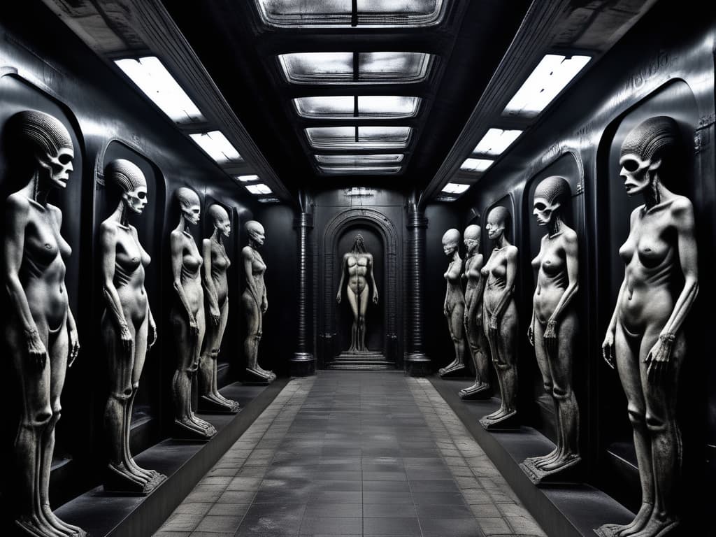  macabre style (((train arrives at a metro ero station is decorated with nude statues of women in the wall a Giger style:1.5, H.R.Giger`s world))), the station , gloomy, monochrome . dark, gothic, grim, haunting, highly detailed
