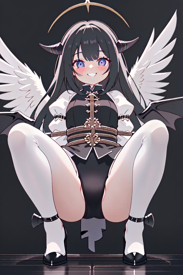  best quality:1.4、masterpiece:1.4、absurd shiny eyes、ultra detailed、RAW photorealistic texture、 demon horn:0.5、white long hair、demon tightly bound、infant body shape、(absurd shiny bondage、open legs squat)、((black crow wing、blush grinning、shoot from below))、in prison of 、blurred background、💩、💩、 hyperrealistic, full body, detailed clothing, highly detailed, cinematic lighting, stunningly beautiful, intricate, sharp focus, f/1. 8, 85mm, (centered image composition), (professionally color graded), ((bright soft diffused light)), volumetric fog, trending on instagram, trending on tumblr, HDR 4K, 8K