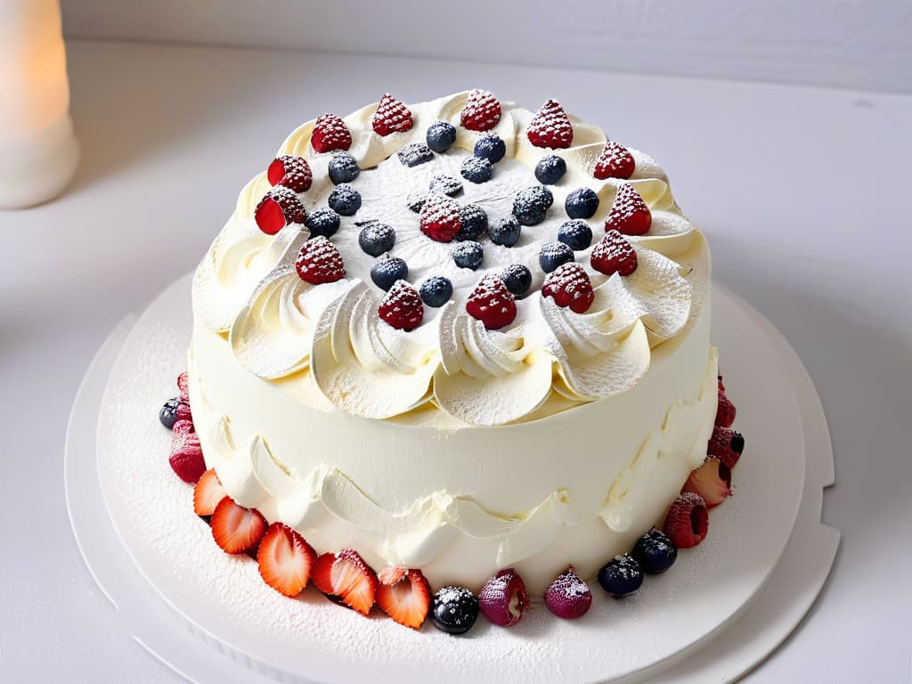  An ultradetailed closeup image of a perfectly baked pavlova with a crispy outer shell and a soft, marshmallowlike interior, topped with vibrant red berries and a light dusting of powdered sugar. The texture of the meringue should be visible, showcasing the glossy peaks and valleys that signify a wellmade pavlova. The berries should glisten with freshness, and the overall composition should exude elegance and sophistication, perfect for a special occasion. hyperrealistic, full body, detailed clothing, highly detailed, cinematic lighting, stunningly beautiful, intricate, sharp focus, f/1. 8, 85mm, (centered image composition), (professionally color graded), ((bright soft diffused light)), volumetric fog, trending on instagram, trending on tumblr, HDR 4K, 8K