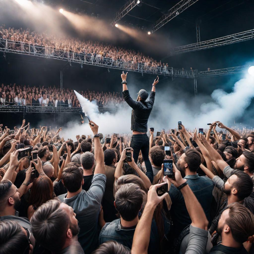  A vibrant and energetic image of the best concert ever, capturing the excitement and energy of the crowd and the artist on stage performing an unforgettable show. hyperrealistic, full body, detailed clothing, highly detailed, cinematic lighting, stunningly beautiful, intricate, sharp focus, f/1. 8, 85mm, (centered image composition), (professionally color graded), ((bright soft diffused light)), volumetric fog, trending on instagram, trending on tumblr, HDR 4K, 8K