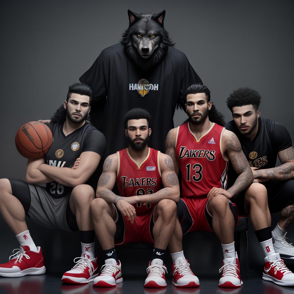  masterpiece, best quality, Werewolf Dressed in a basketball jersey, tank top style top jersey, above knee bottom jersey, the jersey is for the team known as the Wolves, add bats to the jersey design. Wearing red sneakers on feet. Werewolf as a basketball player. Pose with Crossed Arms and straight legs. Basketball between the feet. Dracula is tall , sevon foot three inches.Mkae all the players have the same team jersey. Make some of the players more racially diverse and add facial hair to some. Change the hairstyles to be unique. Players are very hairy, furry almost with tattoos. Make some players black. Make the players into humanoid wolflike creatures with diversity