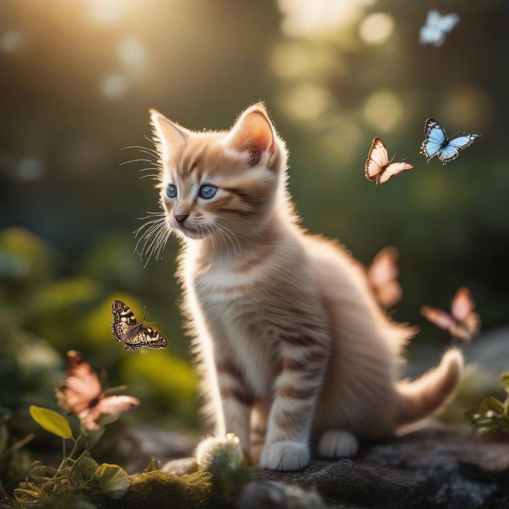  cinematic film still A kitten is playing with butterflies. . shallow depth of field, vignette, highly detailed, high budget, bokeh, cinemascope, moody, epic, gorgeous, film grain, grainy hyperrealistic, full body, detailed clothing, highly detailed, cinematic lighting, stunningly beautiful, intricate, sharp focus, f/1. 8, 85mm, (centered image composition), (professionally color graded), ((bright soft diffused light)), volumetric fog, trending on instagram, trending on tumblr, HDR 4K, 8K