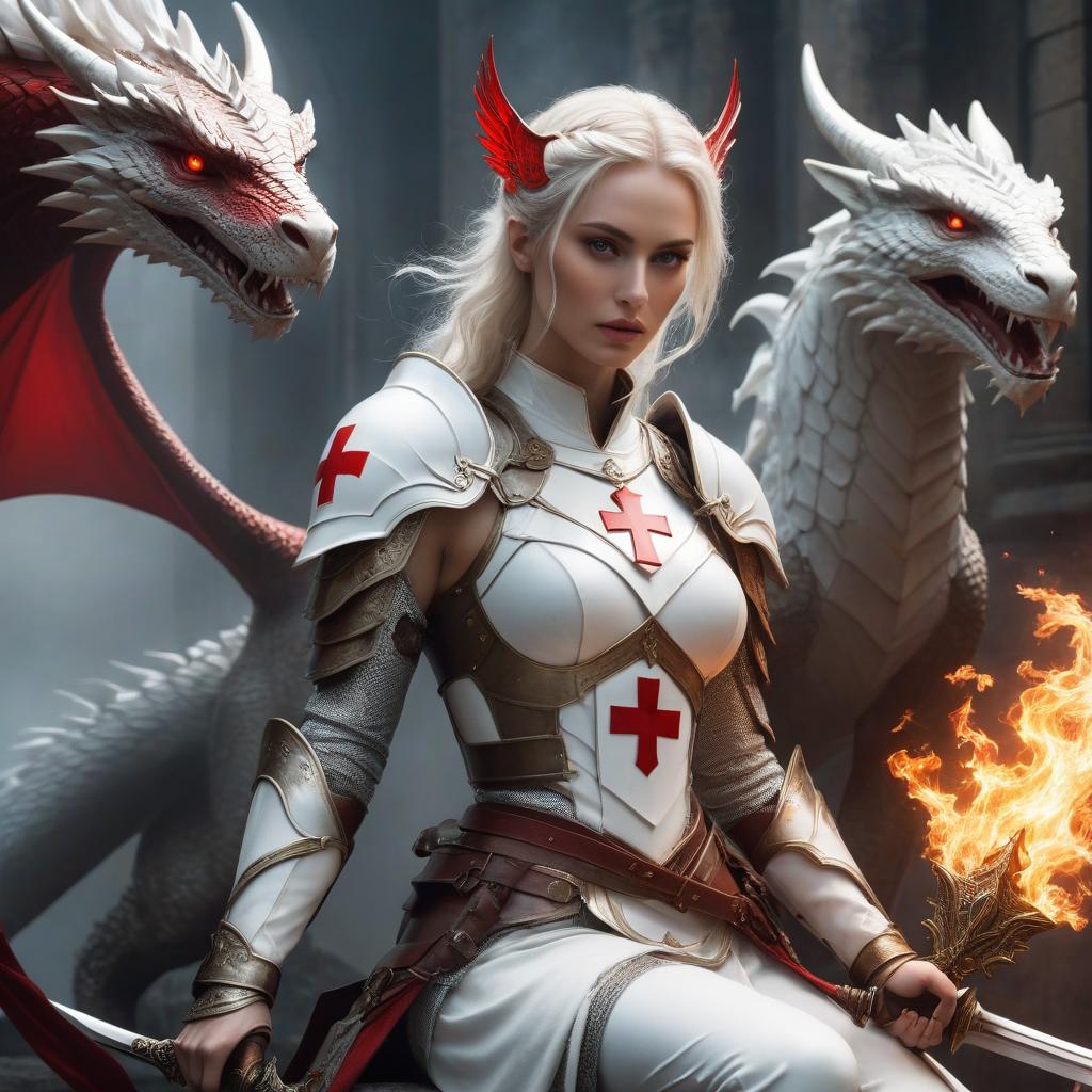  ethereal fantasy concept art of A tall woman, dressed in light armor, white colored armor, has a red cross depicted on her breastplate. Her face is covered by an iron mask, her hair is white up to her shoulders. She sits on a white dragon. In her right hand she holds a sword, in her left hand unleashes expiatory fire. . magnificent, celestial, ethereal, painterly, epic, majestic, magical, fantasy art, cover art, dreamy hyperrealistic, full body, detailed clothing, highly detailed, cinematic lighting, stunningly beautiful, intricate, sharp focus, f/1. 8, 85mm, (centered image composition), (professionally color graded), ((bright soft diffused light)), volumetric fog, trending on instagram, trending on tumblr, HDR 4K, 8K