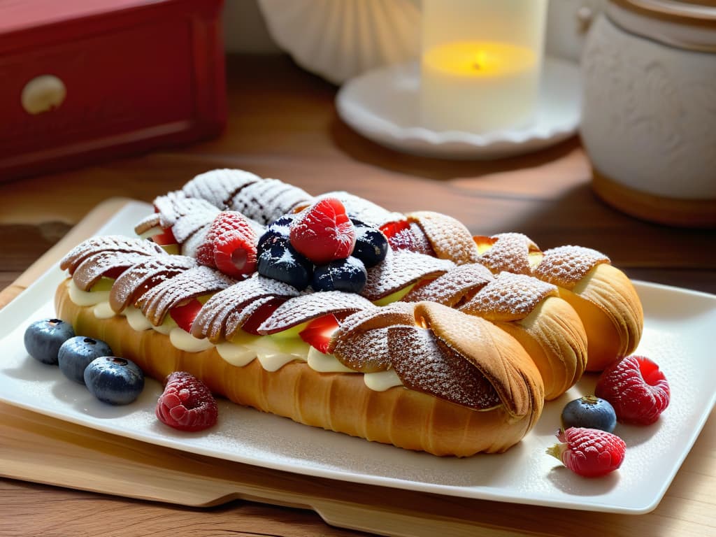  A photorealistic image of a beautifully arranged platter of colorful and decadent éclairs with a healthy twist. Each éclair is perfectly glazed and garnished with fresh fruits like raspberries, blueberries, and sliced kiwi. The pastries are filled with light and fluffy cream, oozing out slightly from the ends, showcasing their delectable texture. The background features a rustic wooden table with a delicate lace doily underneath the éclairs, adding a touch of elegance to the scene. The lighting is soft and natural, highlighting the vibrant colors and tempting textures of the éclairs, making them look irresistibly delicious. hyperrealistic, full body, detailed clothing, highly detailed, cinematic lighting, stunningly beautiful, intricate, sharp focus, f/1. 8, 85mm, (centered image composition), (professionally color graded), ((bright soft diffused light)), volumetric fog, trending on instagram, trending on tumblr, HDR 4K, 8K