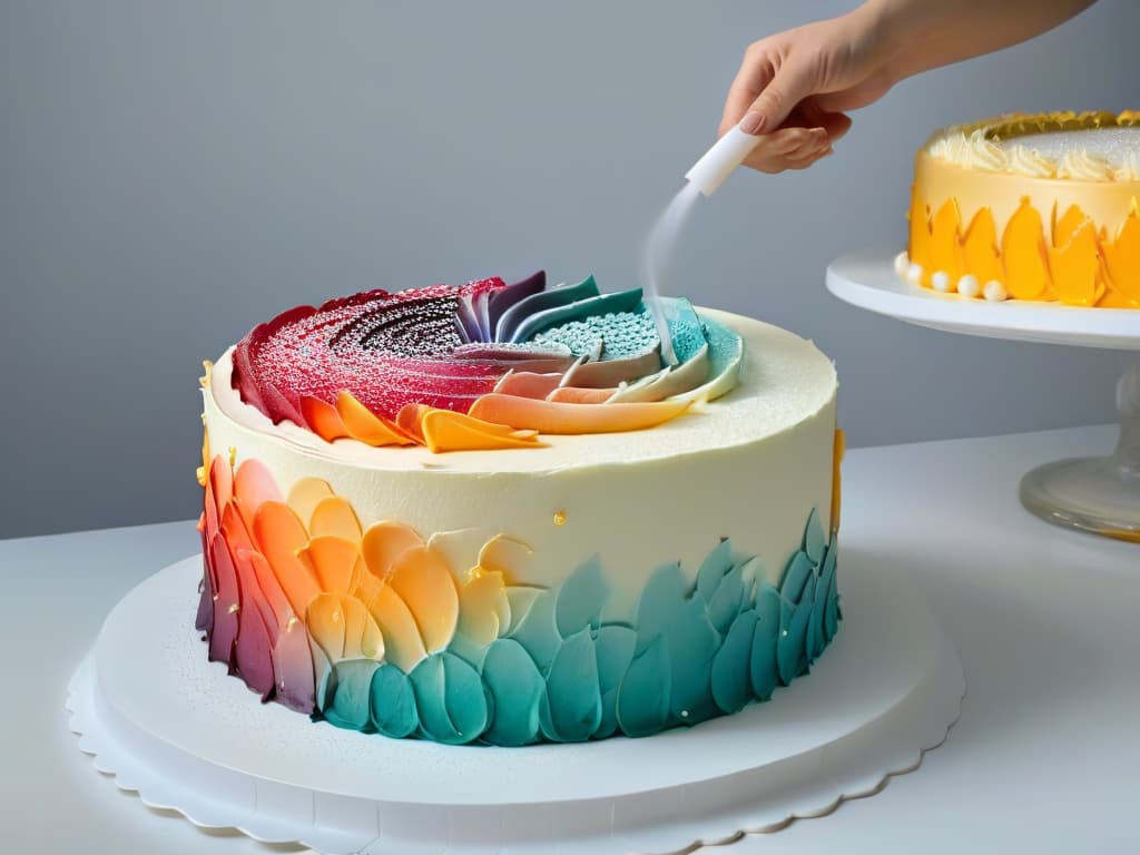  A closeup, ultradetailed image of a professional aerography tool delicately spraying vibrant colors onto a beautifully decorated cake, showcasing intricate details like the fine mist of color cascading over the cake's surface, the precision of the artist's hand movements, and the stunning blend of shades creating a mesmerizing gradient effect. hyperrealistic, full body, detailed clothing, highly detailed, cinematic lighting, stunningly beautiful, intricate, sharp focus, f/1. 8, 85mm, (centered image composition), (professionally color graded), ((bright soft diffused light)), volumetric fog, trending on instagram, trending on tumblr, HDR 4K, 8K