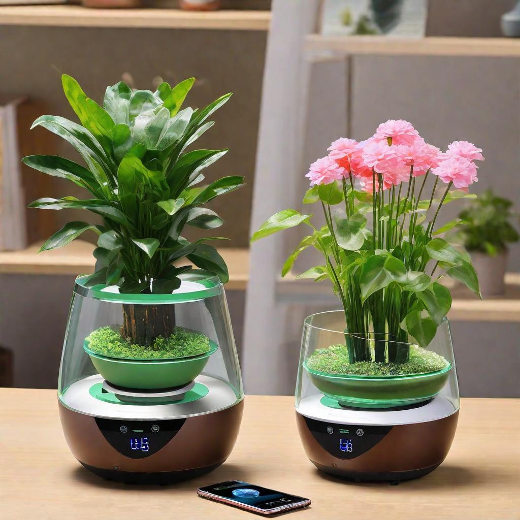  Masterpiece, best quality, flowerpot edge has display screen, inner wall has sensor, outer wall has solar charging, bottom has battery, flowerpot is double-layer, can connect mobile phone, can display for plant maintenance advice on mobile phone, including watering, fertilizing, adjusting light, etc.