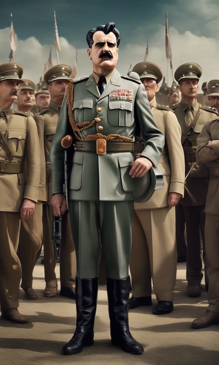  The Great Dictator Kerimsh Stein hyperrealistic, full body, detailed clothing, highly detailed, cinematic lighting, stunningly beautiful, intricate, sharp focus, f/1. 8, 85mm, (centered image composition), (professionally color graded), ((bright soft diffused light)), volumetric fog, trending on instagram, trending on tumblr, HDR 4K, 8K