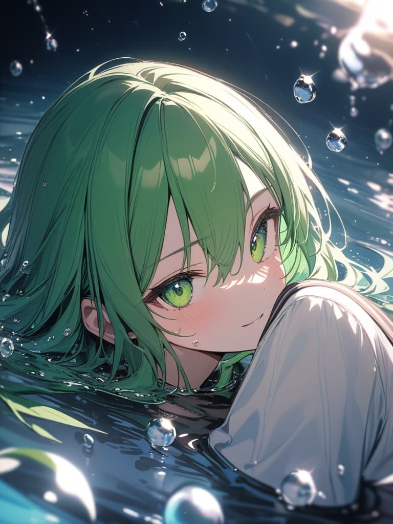  Green hair character in a large droplet drip, green hair in "water drops", masterpiece, best quality,8k,ultra detailed,high resolution,an extremely delicate and beautiful,hyper detail