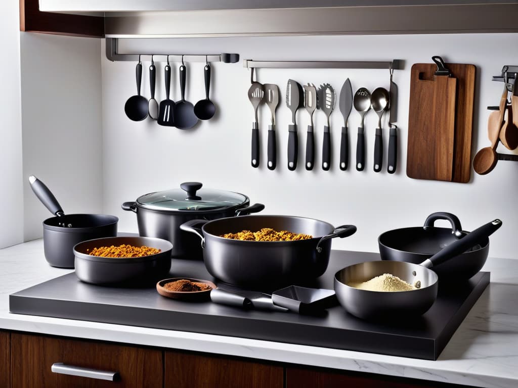  A photorealistic image of a sleek, professional kitchen countertop adorned with an array of highquality baking tools such as rasquetas and espátulas in various sizes and designs. The utensils are neatly organized, reflecting precision and efficiency in baking. The lighting highlights the metallic finishes of the tools, emphasizing their quality and professional nature. The background showcases a hint of a modern kitchen setting, enhancing the inspirational tone of the image. hyperrealistic, full body, detailed clothing, highly detailed, cinematic lighting, stunningly beautiful, intricate, sharp focus, f/1. 8, 85mm, (centered image composition), (professionally color graded), ((bright soft diffused light)), volumetric fog, trending on instagram, trending on tumblr, HDR 4K, 8K