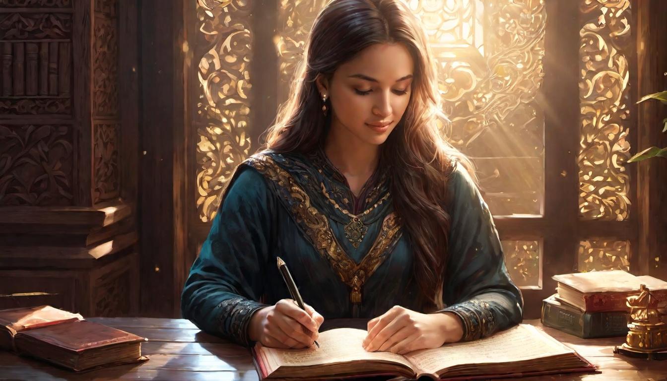  digital illustration, A person writing in a journal, soft glow of light around them, reflections, noting down spiritual insights, looking at viewer, dynamic pose, (intricate details, masterpiece, best quality)