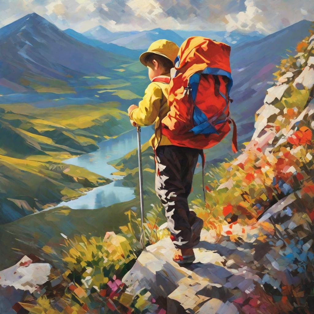  masterpiece, best quality, a child climbing a mountain, bright colors, realistic painting style