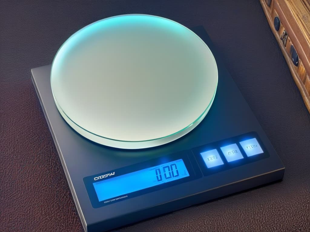  An ultracloseup view of a sleek, modern digital kitchen scale displaying precise measurements in grams, with soft ambient lighting casting gentle shadows, emphasizing its precision and sophistication. hyperrealistic, full body, detailed clothing, highly detailed, cinematic lighting, stunningly beautiful, intricate, sharp focus, f/1. 8, 85mm, (centered image composition), (professionally color graded), ((bright soft diffused light)), volumetric fog, trending on instagram, trending on tumblr, HDR 4K, 8K