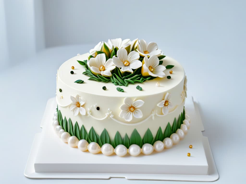  An ultradetailed closeup image of an intricately decorated multitiered cake showcasing delicate fondant flowers, shimmering edible pearls, and meticulously piped frosting details. The cake sits on a sleek, modern cake stand against a clean, white background, emphasizing its artistry and craftsmanship in a minimalist style. hyperrealistic, full body, detailed clothing, highly detailed, cinematic lighting, stunningly beautiful, intricate, sharp focus, f/1. 8, 85mm, (centered image composition), (professionally color graded), ((bright soft diffused light)), volumetric fog, trending on instagram, trending on tumblr, HDR 4K, 8K