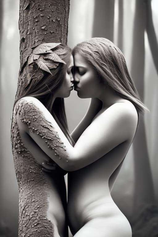 naturitize two nude beautiful young women with very large breast kissing seductively outside. one naked woman leaning forward to kiss other naked woman who is facing forward. full body. Outside in nature.