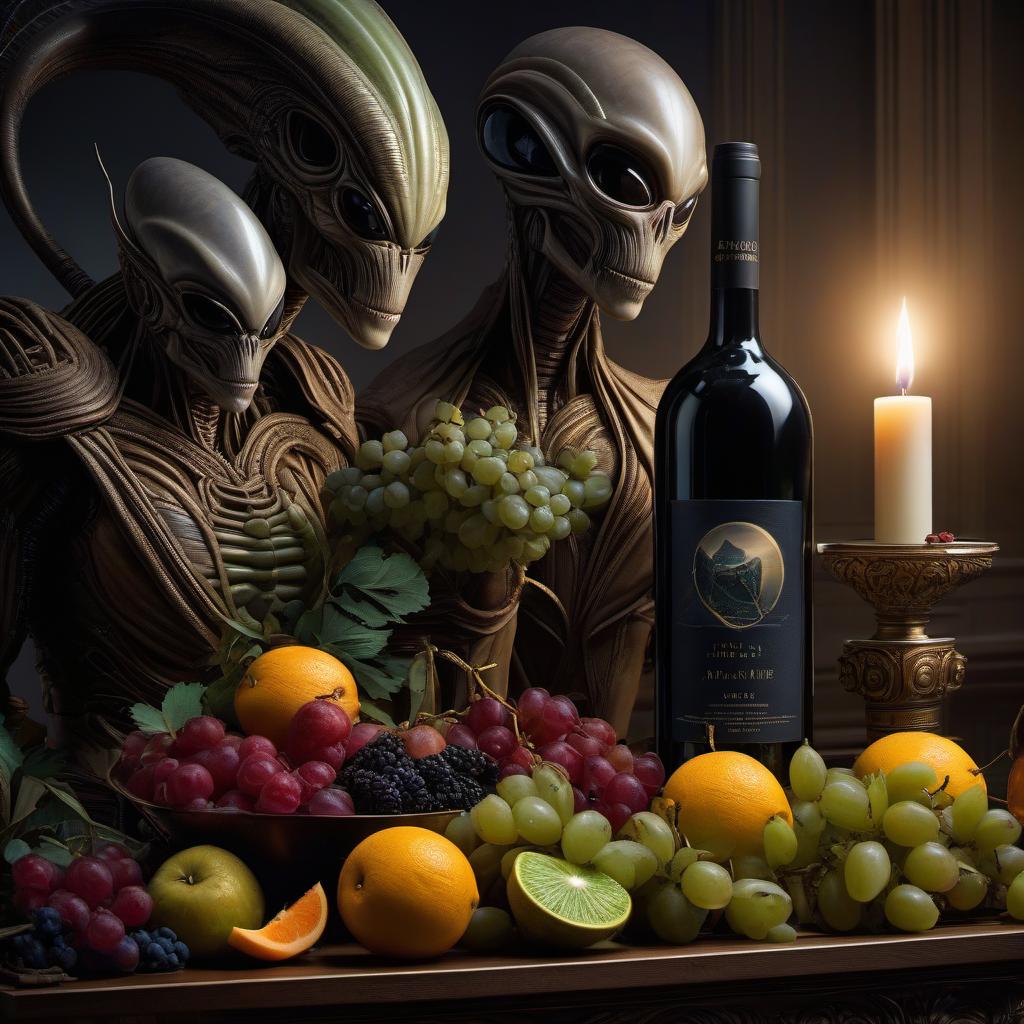  alien themed Fruit and wine still life, by Catherine Abel, Caspar David Friedrich, Leonardo da Vinci, Artgerm, Intricate, Elegant, Digital Illustration, Scenic, Hyper Realistic, Hyper Detailed, 16k, Sharp Focus, Artstation . extraterrestrial, cosmic, otherworldly, mysterious, sci fi, highly detailed hyperrealistic, full body, detailed clothing, highly detailed, cinematic lighting, stunningly beautiful, intricate, sharp focus, f/1. 8, 85mm, (centered image composition), (professionally color graded), ((bright soft diffused light)), volumetric fog, trending on instagram, trending on tumblr, HDR 4K, 8K