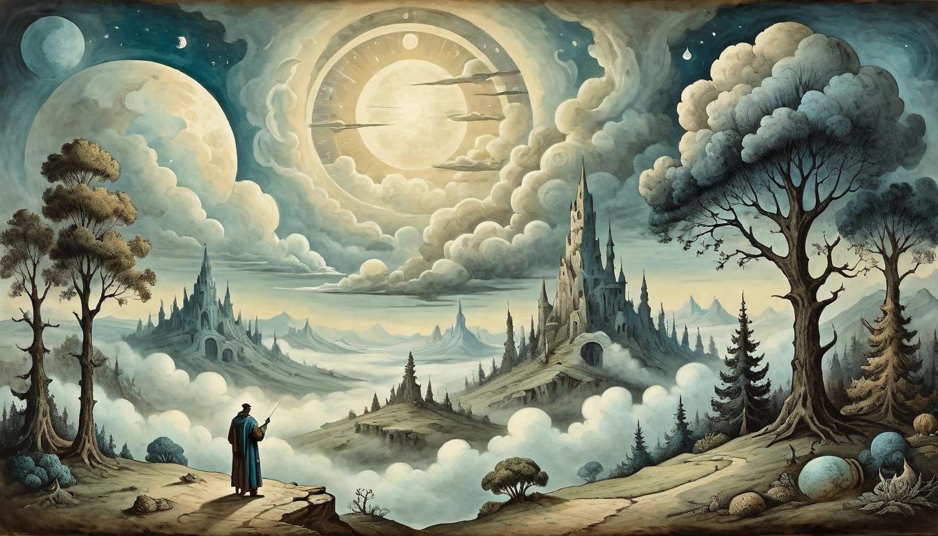  on parchment, surrealism+++, figure contemplating with hand to chin, weather altering above with clouds shifting, trees and terrain morphing, celestial objects forming, deliberate, transformative, awe inspiring(mysterious, provocative, symbolic,muted color)+++