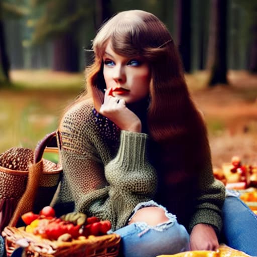  taylor alisson swift , redhead, with long hair sitting in a picnic in a forest looking mysterious and sad with a sweatter warmer brown from fall