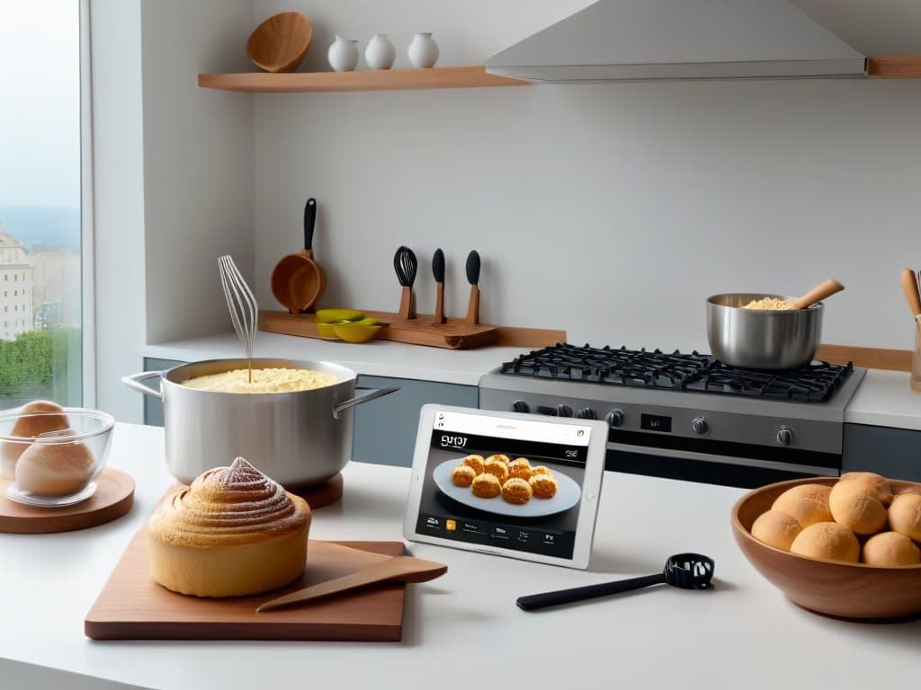  A highresolution, minimalist image of a sleek, modern kitchen countertop with various baking tools neatly arranged: measuring cups, mixing bowls, a whisk, a rolling pin, and a digital tablet displaying an augmented reality app for pastry recipes. The setting is clean, with soft, natural lighting highlighting the tools' metallic surfaces and the tablet's screen, creating a harmonious and professional atmosphere that inspires the reader to explore the intersection of augmented reality and baking. hyperrealistic, full body, detailed clothing, highly detailed, cinematic lighting, stunningly beautiful, intricate, sharp focus, f/1. 8, 85mm, (centered image composition), (professionally color graded), ((bright soft diffused light)), volumetric fog, trending on instagram, trending on tumblr, HDR 4K, 8K